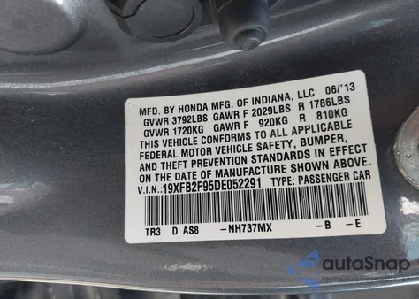 2013 Honda Civic Ex-L from USA, damaged, VIN 19XFB2F95DE052291